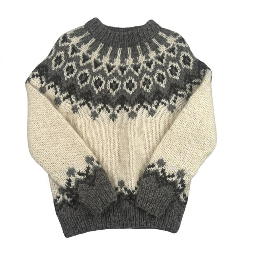 Vintage 100% New Wool Viking Style Icelandic Sweater Grey Cream Unisex Large